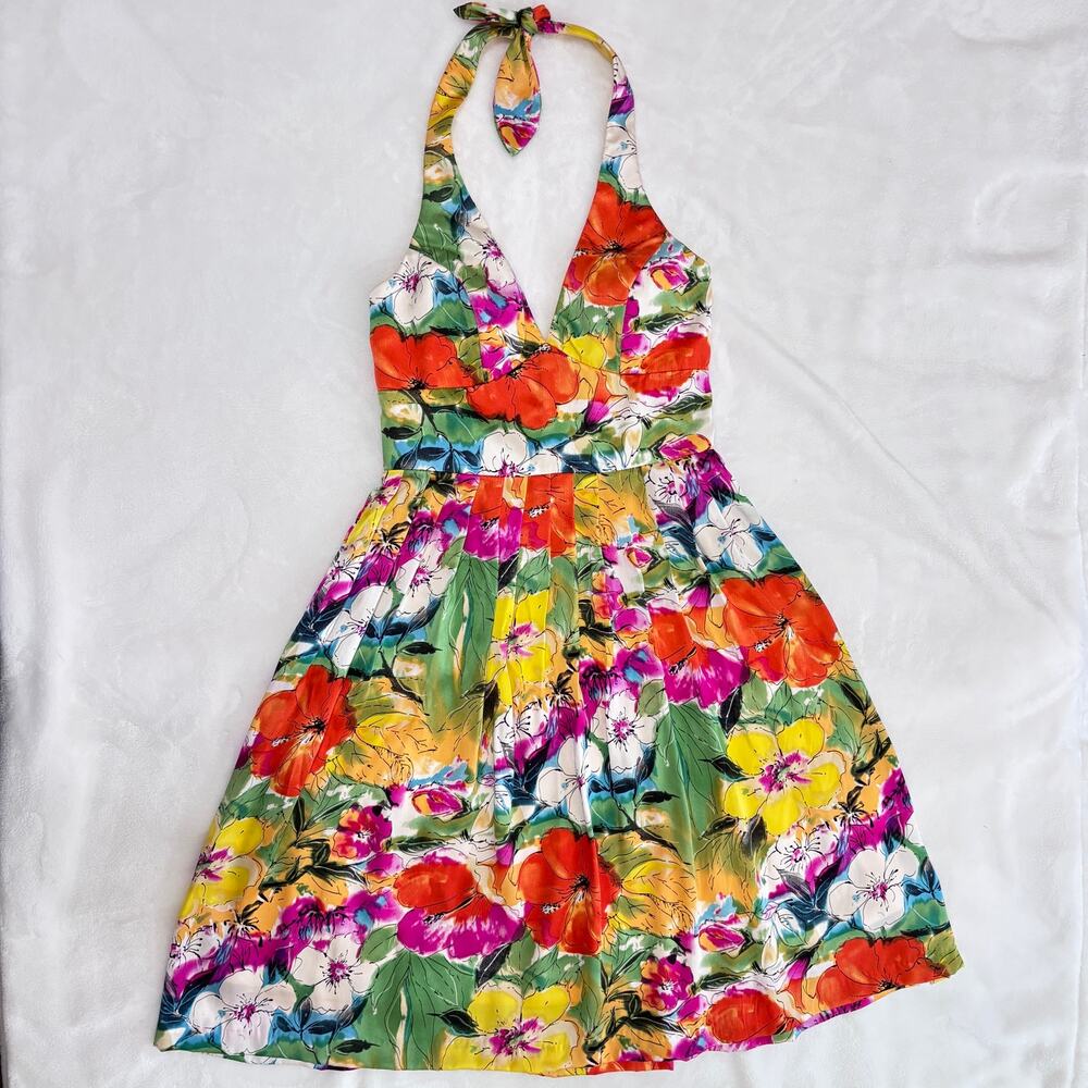 NWT Sue Wong Silk Dress 10 Floral Halter Y2K Tropical Fit & Flare Pleated